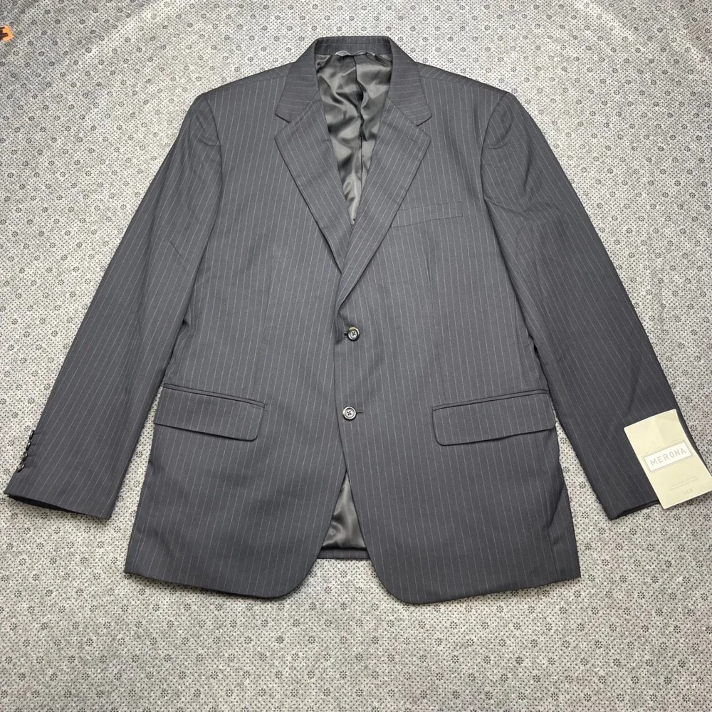 NEW Merona Mens‎ Pinstripe Suit Set 44R Blazer 36x32 Pants Charcoal Gray 2 Piece